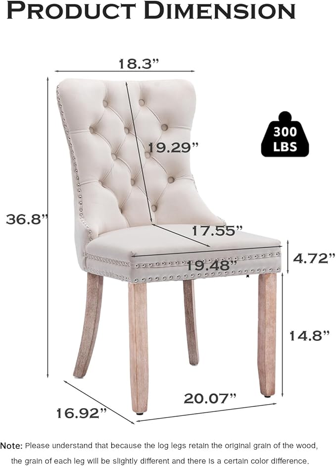 Velvet Upholstered Dining Chairs Set of 4, Modern Style Kitchen Side Chairs with Nailhead Trim and Wood Legs,Metal Pulling Ring for Dining Room Living Room(Beige,Set of 4)