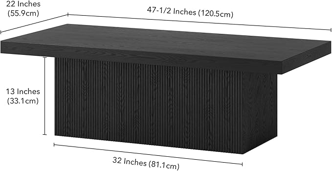 Henn&Hart 48" Fluted Low-Profile Rectangular Coffee Table with Solid Base for Living Room, Family Room, or Office, Black Grain