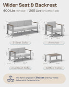 Aluminum Patio Furniture Set, 5 Seats Outdoor Patio Conversation Sets with Ergonomic Seat and Wide Washable Thick Cushions, Modern Outdoor Sectional Furniture for Balcony, Porch (Gray)