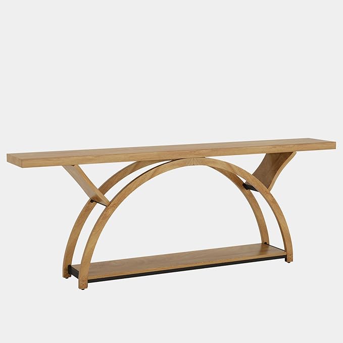 Tribesigns 70.87" Console Table with Storage Shelf, Narrow Long Sofa Table Behind Couch Table, 2-Tier Rustic Entryway Table with Half Moon Frame for Hallway Living Room, Gray & Black (Light Brown)