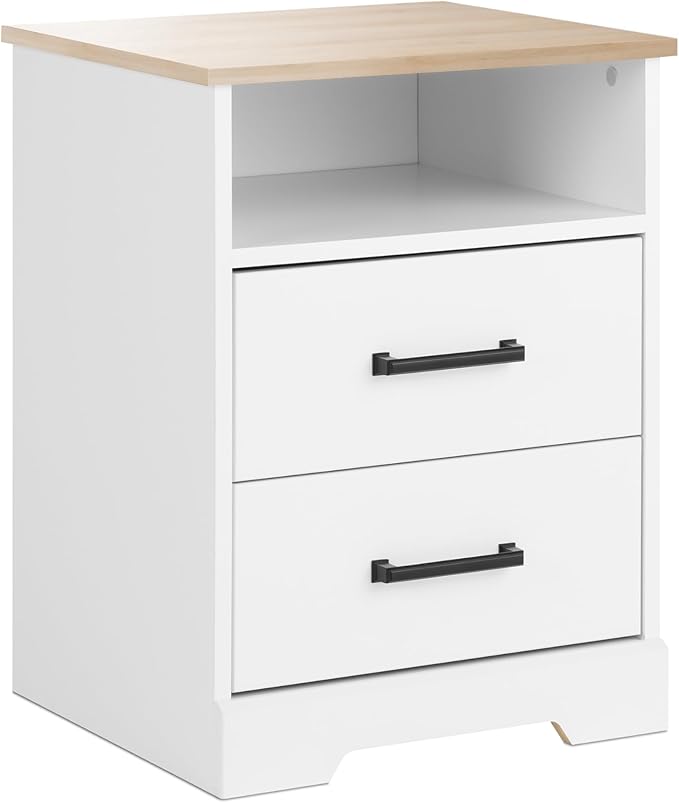 Prepac Rustic Ridge Farmhouse Nightstand Bedside Table, White and Oak Nightstand for Bedroom, End Table with 2 Drawers and Open Shelf 16.25" D x 18.75" W x 24.5" H