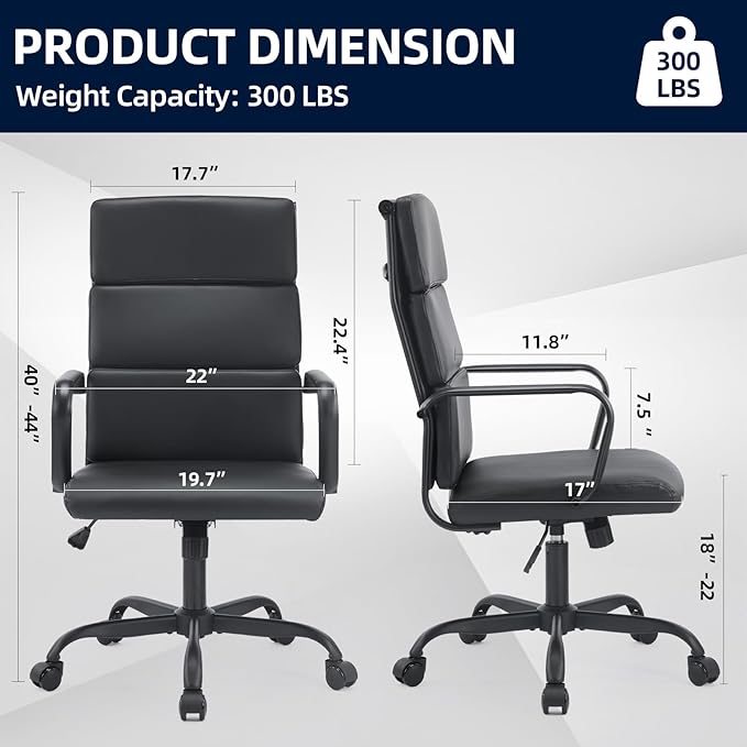 Office Chair, Ergonomic Adjustable Desk Chair, Mid Back Executive Comfortable Leather Lumbar Support Home Computer Chair with Padded Seat Swivel Wheels