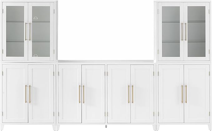 Crosley Furniture Roarke 3-Piece Modern Glass Door Sideboard Buffet Cabinet and Kitchen Storage Pantry Set, White