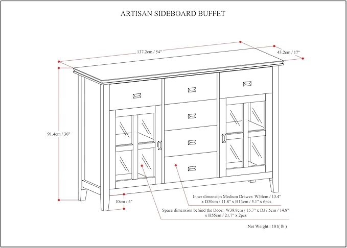 SIMPLIHOME Artisan Buffet - 54 inch Wide Solid Wood 3-Door Sideboard Buffet in White, Contemporary Storage Cabinet for Dining Room or Kitchen with Adjustable Shelves and Bronze Hardware