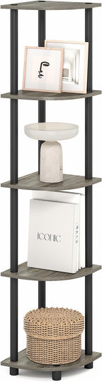 Furinno Turn-N-Tube Corner Shelf, 5-Tier Corner Bookshelf, Open Storage Shelves, for Organization and Storage, Living Room, Home Office, Garage, Bedroom, Grey Oak