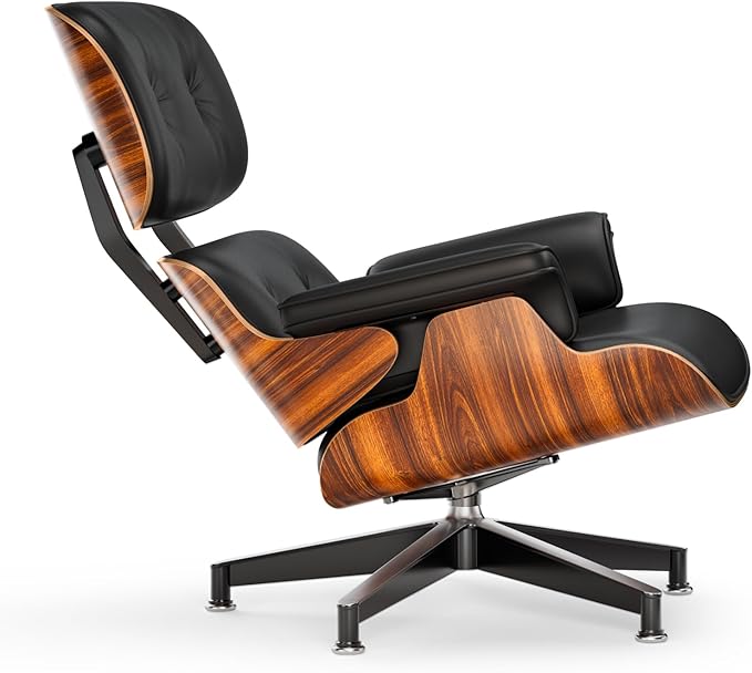 Top Black PU Leather, Mid Century Chaise Lounge Chair and Ottoman, Modern Chair Classic Design, Palisander Wood, Heavy Duty Base Support for Living Room Office