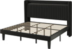 Allewie King Size Platform Bed Frame with USB Charging Station and Storage Shelf/Upholstered Velvet Wingback Headboard/Wooden Slats Support/No Box Spring Needed/Easy Assembly, Black