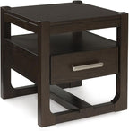 Signature Design by Ashley Breckington Modern End Table with 1 Drawer, Open Shelf and Trestle Base, Dark Brown