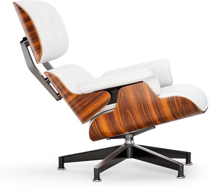 Top White PU Leather, Mid Century Chaise Lounge Chair and Ottoman, Modern Chair Classic Design, Palisander Wood, Heavy Duty Base Support for Living Room Office