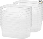 Sterilite 9.5 x 6.5 x 4 Inch Small Open Scoop Front Clear Storage Bin with Comfortable Carry Through Handles for Household Organization (32 Pack)