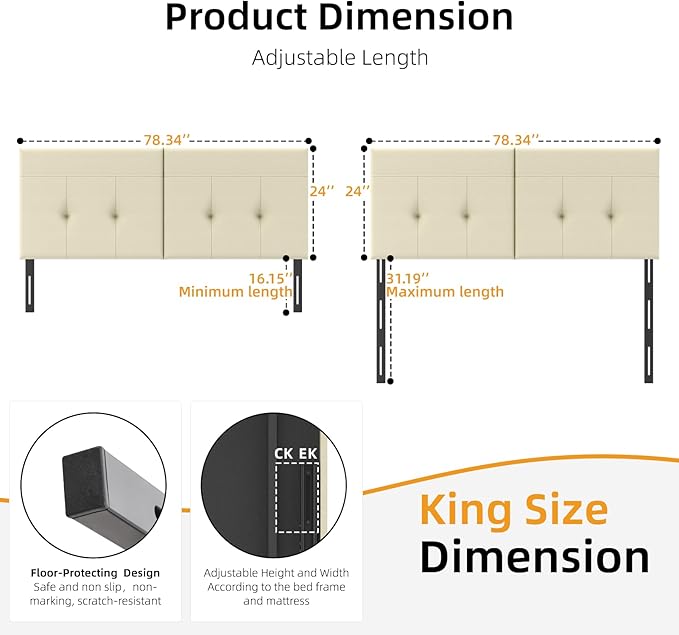 King Headboard Only with Adjustable Metal Legs, Faux Leather Upholstered Headboard King Size, Modern Stylish Headboard with Sunken Dot Design, Sturdy Bed Headboard for Bedroom, Beige
