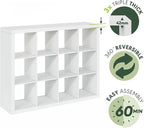 Furinno Cubicle Book Shelf, 12-Cube Bookshelf, Triple Thick Frame Cube Storage Organizer, Bookcase, 15.4 x 57.4 x 43.4, for Home Office, Living Room, Plain White
