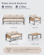 ZANDOR Aluminum Outdoor Patio Conversation Furniture Set, 5 PCS Metal Modern Outside Sectional Lawn Furniture with Coffee Table & Washable Thick Cushions,Seating Sofa for Garden/Backyard/Porch Silver