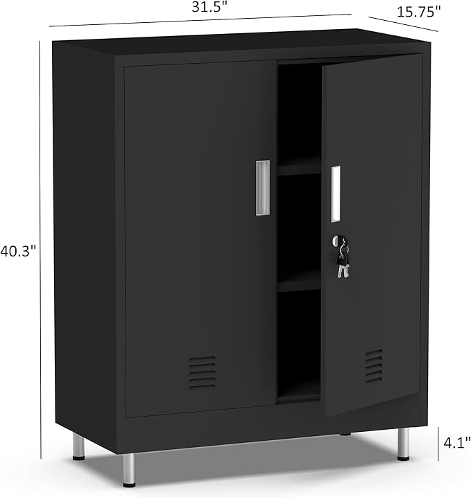 Metal Storage Cabinet with Locking Doors and Adjustable Shelves, Small Lockable Storage Cabinet for Home Office Garage Pantry Entryway Living Room (Black)