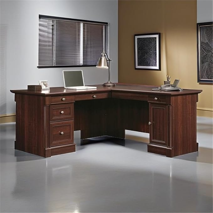 BOWERY HILL Classic Style L-Shaped Office Computer Desk in Cherry with File Drawer, CPU Tower,