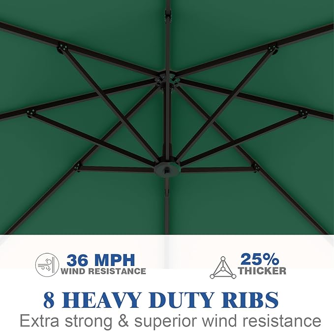 7 Piece Patio Dining Set with 11ft Patio Umbrella (Dark Green), 7 Black Outdoor HDPE Dining Set with 6 Chairs + 1 Large Table, for Market, Pool, Garden, Backyard, Deck