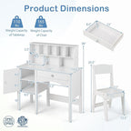 Costzon Kids Desk and Chair Set, Wooden Children Study Desk w/Hutch, Large Cabinet and Drawer for Home School Writing, Reading & Drawing, Computer Workstation Student Table and Chair for 3+ (White)