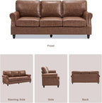 Kingfun Mid-Century Modern Couch, Faux Leather Sofa, 3 Seater Couch for Living Room with Rolled arms & Nailhead Trim, Dark Brown