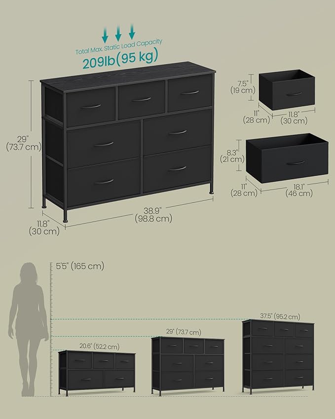 SONGMICS Dresser for Bedroom, Chest of Drawers, TV Stand, Steel, MDF, 7 Non-Woven Fabric Drawers, Storage Organizer Unit, Closet, Entryway, Ink Black and Ebony Black ULGS323B01S