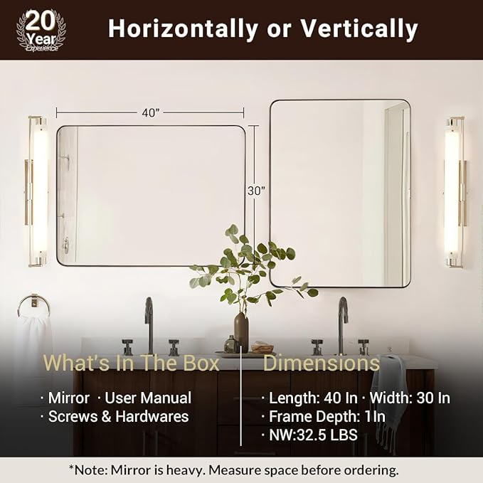 ANDY STAR Bathroom Mirrors for Wall, 30"x40" Bronze Bathroom Mirror, Rounded Rectangle Mirror, Framed in Premium Stainless Steel with Brushed Finish