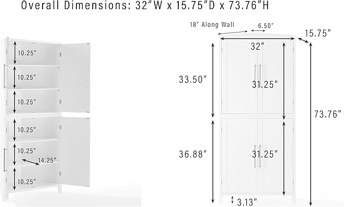 Crosley Furniture Roarke Corner Kitchen Storage Pantry Cabinet with Shelves, Kitchen, Dining, Laundry Room, White