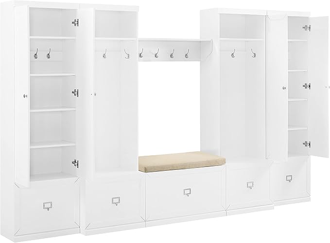 Crosley Furniture Harper 6-Piece Hall Tree, Storage Cabinet, Shoe Rack Bench, and Wall Shelf Set with Hooks, White