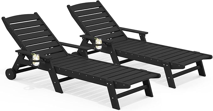 SERWALL Patio Chaise Lounge Chair Set of 2, 78'' Long 5-Positions Adjustable HDPE Outdoor Lounger for Pool, Poly Lounge Chair with Rolling Wheels & Cup Holder for Poolside, Deck, Obsidian Black