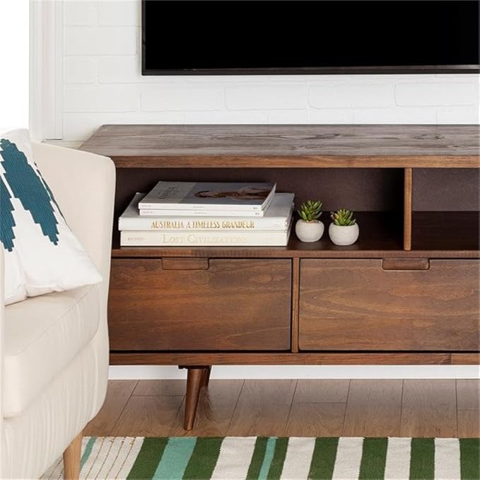 Walker Edison 3-Drawer Mid Century Modern Wood TV Stand for TV's up to 65" Flat Screen Cabinet Door Living Room Storage Entertainment Center, 58 Inch, Walnut