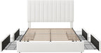Allewie Queen Size Storage Bed Frame, Vertical Channel Tufted Adjustable Headboard, Velvet Upholstered Platform Bed with 4 Oversized Underbed Drawers, Wooden Slats Support, No Box Spring Needed, White