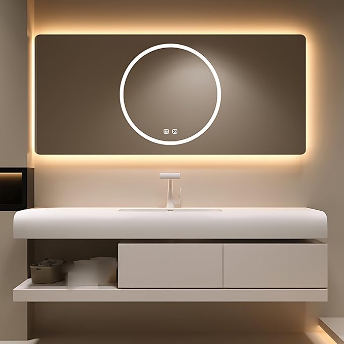 48IN Bathroom Vanity with Sink - Bathroom Cabinet Set has 2 Drawers & Overflow Hole Wall Mounted | LED Practical Defogging Mirror, Open Compartments, Seamless Rock Slab Basin (Cream White)