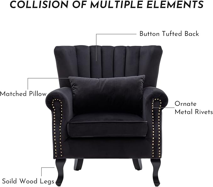 Accent Reading Arm Chairs Midcentury Modern Comfy Corner Sofa Chair, Wingback Waiting Room Club Chair with Tufted Back for Living Room/Bedroom/Reception Room, Velvet Black