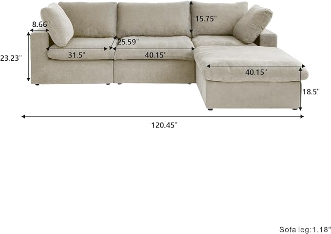 Cloud Modular Sectional Sofa with Storage Ottoman,120.45" L Shaped Couch for Living Room,Down Filled Convertible Couch Deep Seat for Office Apartment,Covers Washable&Replaceable,Khaki