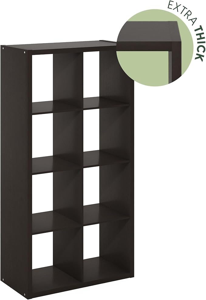 Furinno CUBICLE Book Shelf, 8-Cube Thick Frame Bookshelf, Horizontally & Vertically Reversible Bookcase with Open Back, 14.6 x 30 x 57.9, for Living Room, Bedroom, Home Office, Black Dark Oak