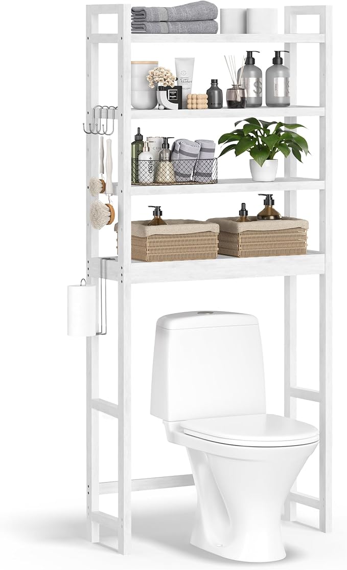 SONGMICS Over The Toilet Storage, 4-Tier Over Toilet Bathroom Organizer with Adjustable Shelves, 10.2 x 24.8 x 72.8 Inches, Space-Saving, Cloud White UBTS041W01