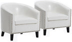 BELLEZE Accent Barrel Chairs Set of 2, Modern Tub Club Chairs Upholstered Armchairs for Living Room, Faux Leather Chairs with Gold Nail Head Trim Black Legs - Kyara (White)