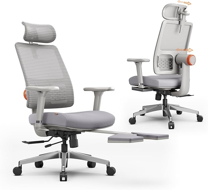 Newtral Office Chair Ergonomic with Footrest, Auto-Following Lumbar Support, High Back Desk Chair with 4D Armrest,136° Tilt Lock, Adjustable Seat Depth & Height (Supreme, Grey)
