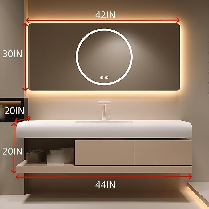 44IN Bathroom Vanity with Sink - Bathroom Cabinet Set has 2 Drawers & Overflow Hole Wall Mounted | LED Practical Defogging Mirror, Open Compartments, Seamless Rock Slab Basin (Khaki)