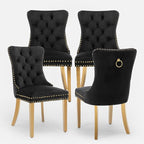 Velvet Upholstered Dining Chairs Set of 4, Modern Style Kitchen Side Chairs with Nailhead Trim and Gold Plated Leg, Metal Pulling Ring for Dining Room Living Room(Black,Set of 4)