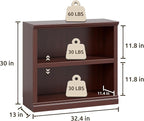 30" Bookcase, White Floor Standing Bookshelf, 2-Tier Display Shelves Open Storage Organizer, Book Case for Living Room Hallway Kitchen Home Office Bedroom, Mahogany 2 Tiers