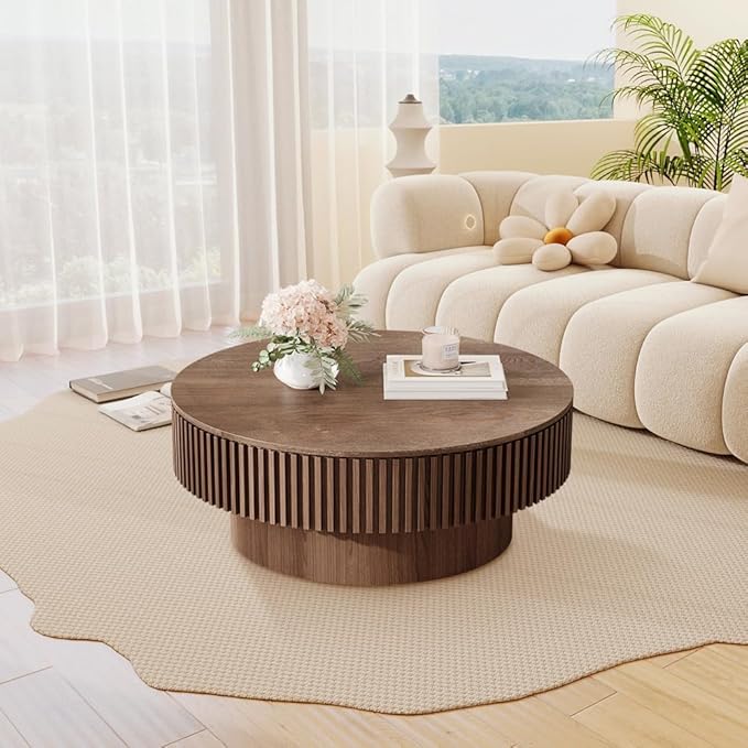 31.5'' Round Coffee Table for Living Room, Fluted Coffee Table with Hidden Storage, Solid Wood Veneered Circle Table, Modern Tea Table for Small Space Apartment (Walnut-31.5''D×14''H)