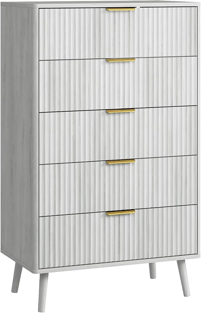 CARPETNAL Fluted 5 Drawers Dresser for Bedroom, 45" Tall Wooden Chest of Drawers with Rounded Corners, Gold Handles, Modern Storage Organizer for Bedroom, Hallway (White)