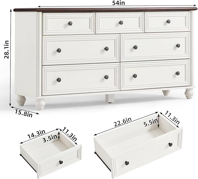 7 Drawers Dresser for Bedroom, Farmhouse 54" Wide Wood Dressers Chest of Drawers, Vintage Design TV Stand, Rustic Storage Dresser Organizer with Metal Handle Closet for Living Room, Hallway