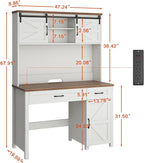 Vabches Farmhouse 47" Executive Desk, Computer Desk with 2 Drawers, Storage Cabinet and LED Light,Charging Hub, Home Office Desk with Hutch, Workstation for Home Office and Study.(Unique White)