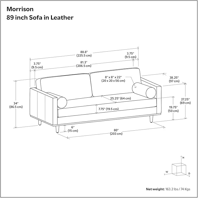 SIMPLIHOME Morrison 89-inch Wide Sofa in Lead Black Genuine Leather, Mid-Century Modern Design Couch for Living Room, Single Bench Cushion, 2 Back Cushions, 2 Bolster Pillows