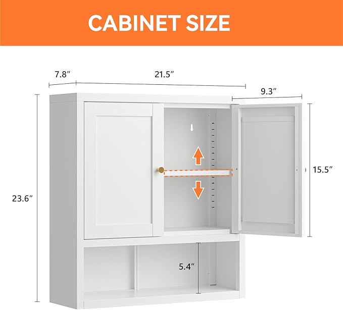 Metal Wall Cabinet, Over The Toilet Storage Cabinets, Wall Mounted Medicine Cabinets for Bathroom, Laundry, Kitchen, Entryway (White, 23.6" H-Wall Cabinet)