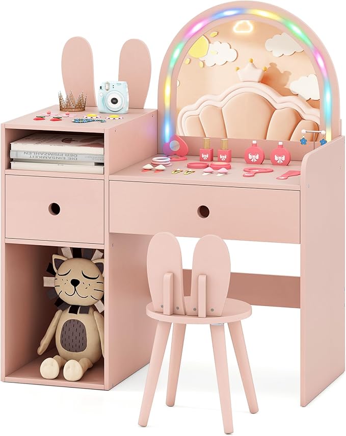 Costzon Kids Vanity, Girls Vanity Set with Mirror and Stool and Lights, Drawers & Storage Compartments, Toddler Makeup Vanity Desk Dressing Table, Wooden Kids Vanity Table and Chair Set (Pink)
