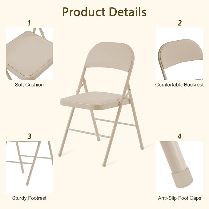 Khaki Folding Chairs 20 Pack with Padded Cushion and Back, Portable Duty Metal Frame Commercial Seat, Foldable Indoor Outdoor Chairs for Office Party Events Kitchen Dinning Wedding, 330-LBS Capacity