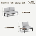 PHI VILLA 3 Pieces Outdoor Patio Furniture Set,Metal Frame Modern Outdoor Sectional Sofa Set,4 Seats Patio Conversation Sets with Coffee Table,for Poolside and Backyard,Light Grey