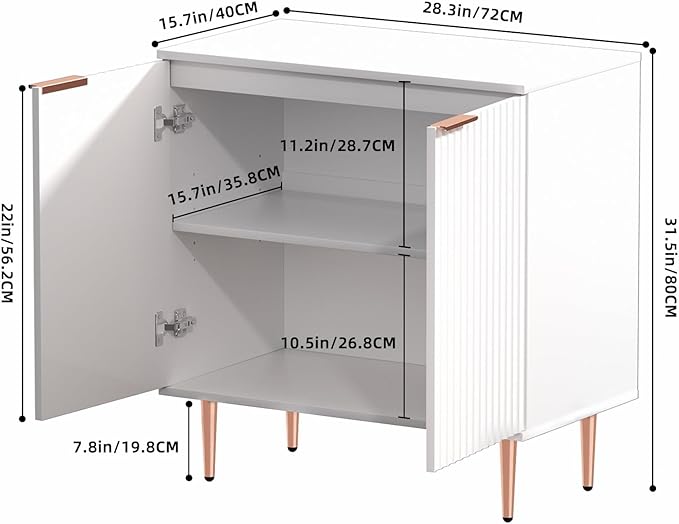 EOYUTLLY White Fluted Buffet Storage Cabinet,Wood Sideboard Buffet Cabinet with Adjustable Shelf & Rose Gold Colored Metal Legs, Accent Cabinet for Living Room,Kitchen, Assemble Easily
