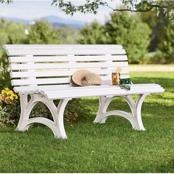 Plow & Hearth Weatherproof German PVC Outdoor Bench | 3-Seat | Holds Up to 500 lbs | Garden Patio Porch Park Deck | Steel and Resin (White)